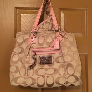 Coach Poppy 16289 Glam Lurex Large Pink Tan Jacquard Tote And Pouch